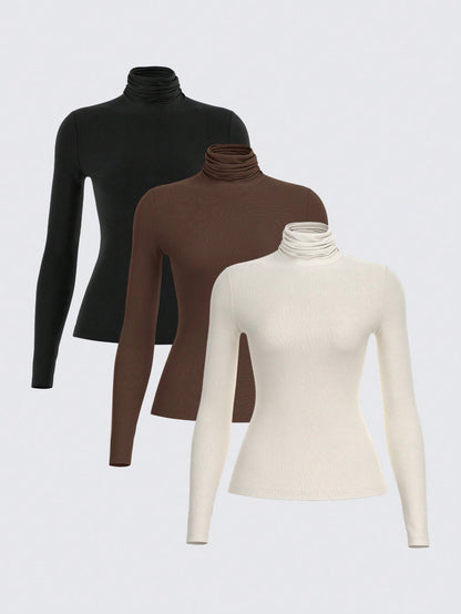 BASICS 3pcs/Set Solid Color Knit Mock Neck Straight Shoulder Long Sleeve Fitted Women Undershirt Tops For W