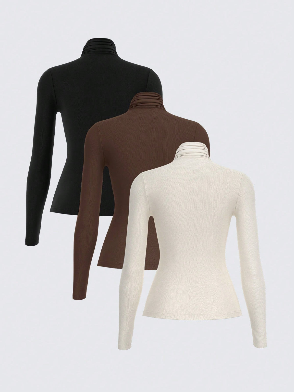 BASICS 3pcs/Set Solid Color Knit Mock Neck Straight Shoulder Long Sleeve Fitted Women Undershirt Tops For W