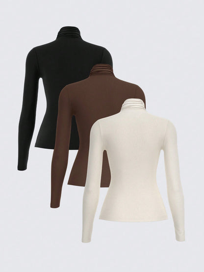 BASICS 3pcs/Set Solid Color Knit Mock Neck Straight Shoulder Long Sleeve Fitted Women Undershirt Tops For W