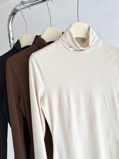 BASICS 3pcs/Set Solid Color Knit Mock Neck Straight Shoulder Long Sleeve Fitted Women Undershirt Tops For W