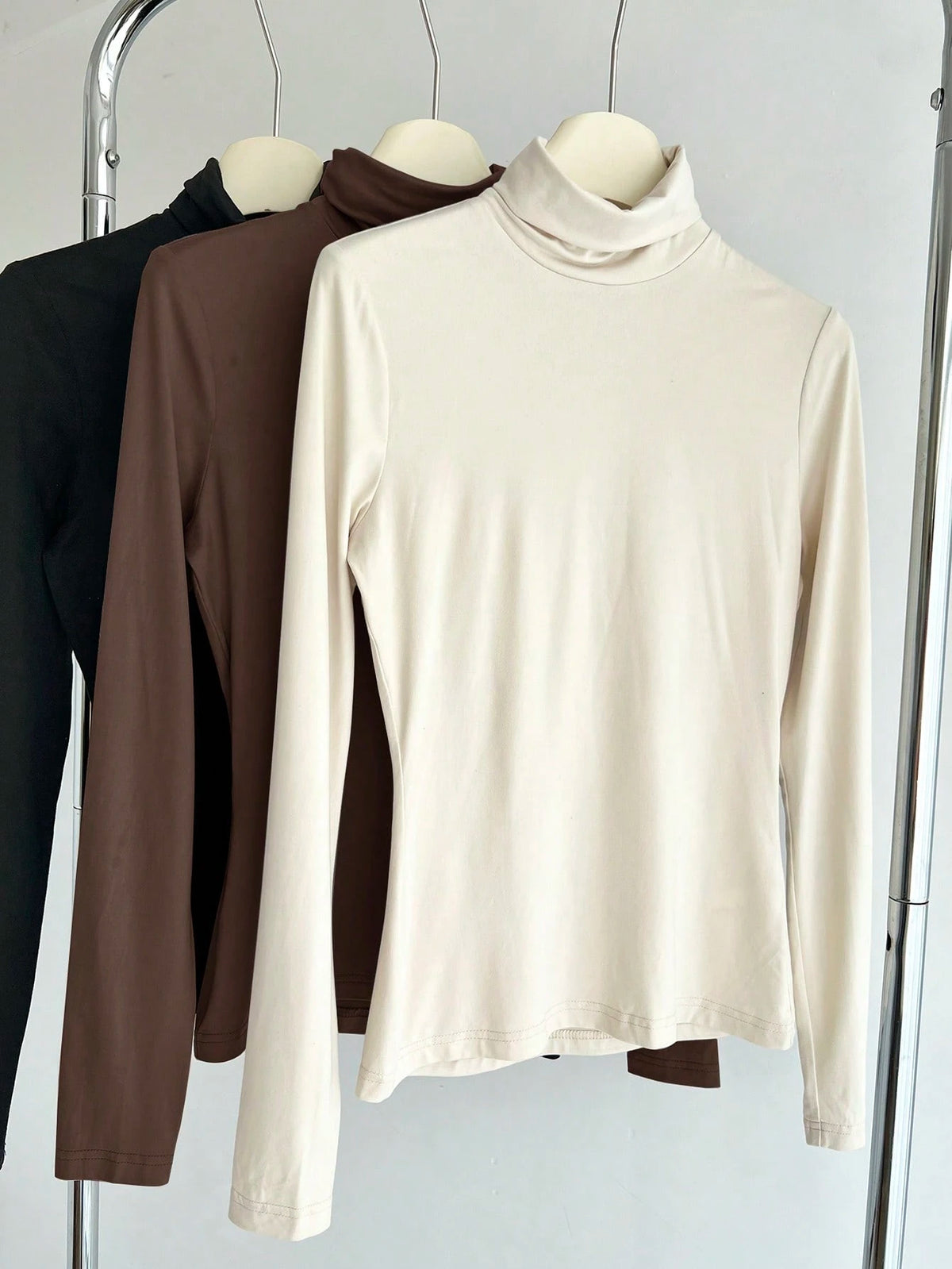 BASICS 3pcs/Set Solid Color Knit Mock Neck Straight Shoulder Long Sleeve Fitted Women Undershirt Tops For W