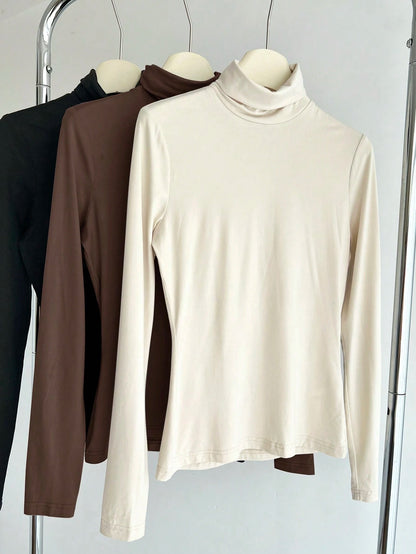 BASICS 3pcs/Set Solid Color Knit Mock Neck Straight Shoulder Long Sleeve Fitted Women Undershirt Tops For W