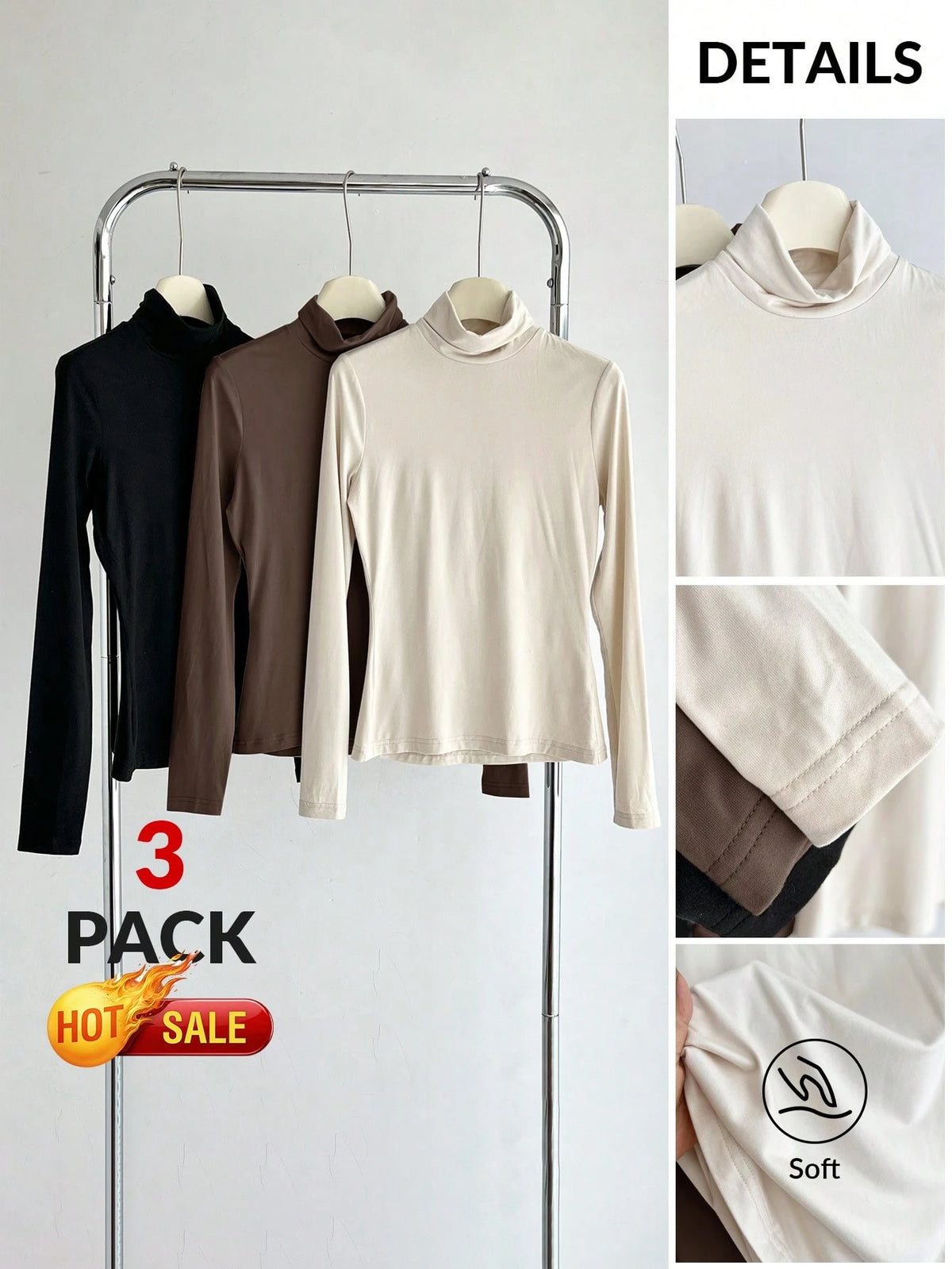 BASICS 3pcs/Set Solid Color Knit Mock Neck Straight Shoulder Long Sleeve Fitted Women Undershirt Tops For W