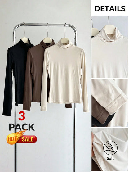 BASICS 3pcs/Set Solid Color Knit Mock Neck Straight Shoulder Long Sleeve Fitted Women Undershirt Tops For W