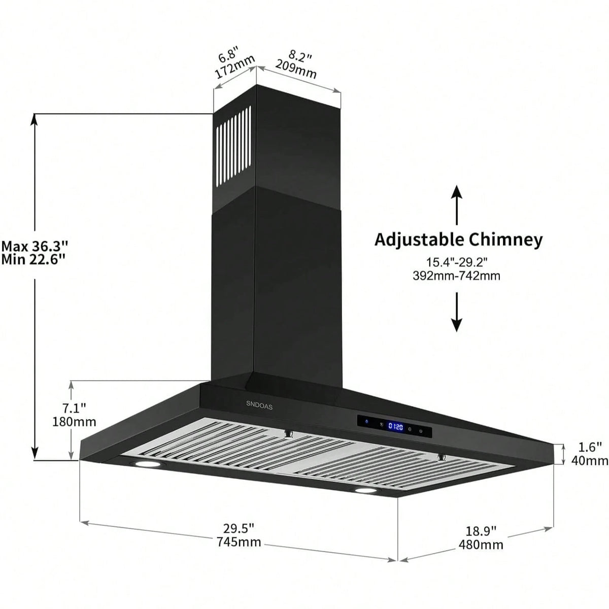 Black Range Hood 30 Inch,Stainless Steel Wall Mounted Kitchen Hood With Touch Controls, Ducted/Ductless Convertible,Chimney-Style Stove Hood Vent For Kitchen,Baffle Filters,Black Painted Finish