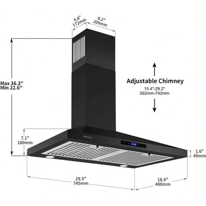 Black Range Hood 30 Inch,Stainless Steel Wall Mounted Kitchen Hood With Touch Controls, Ducted/Ductless Convertible,Chimney-Style Stove Hood Vent For Kitchen,Baffle Filters,Black Painted Finish