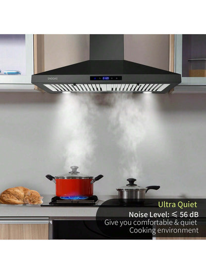 Black Range Hood 30 Inch,Stainless Steel Wall Mounted Kitchen Hood With Touch Controls, Ducted/Ductless Convertible,Chimney-Style Stove Hood Vent For Kitchen,Baffle Filters,Black Painted Finish