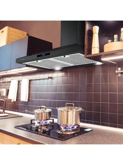 Black Range Hood 30 Inch,Stainless Steel Wall Mounted Kitchen Hood With Touch Controls, Ducted/Ductless Convertible,Chimney-Style Stove Hood Vent For Kitchen,Baffle Filters,Black Painted Finish