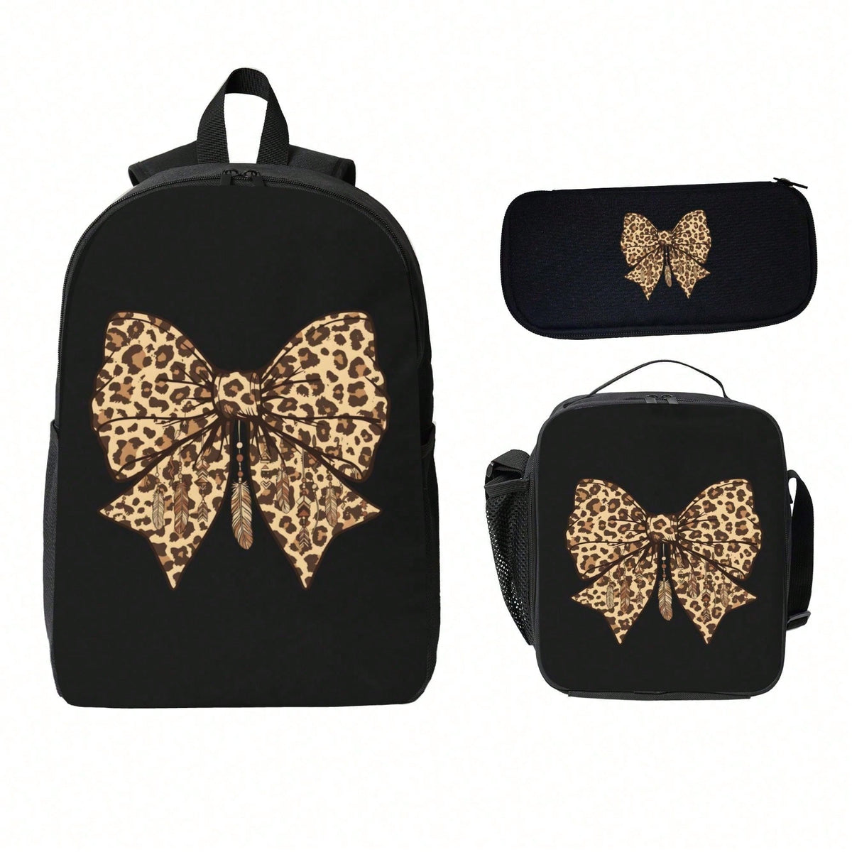 Boho Leopard Bow Dreamcatcher Backpack Set For Travel, Commuting- Stylish & Functional Design, Playful Animal Print For Autumn Getaways, Music Festivals, Weekend Trips And Holiday Gifts