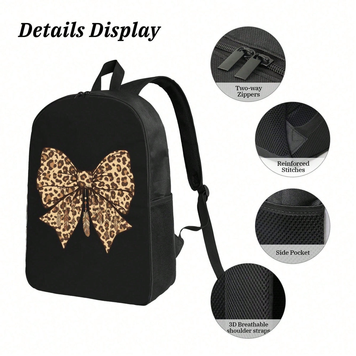 Boho Leopard Bow Dreamcatcher Backpack Set For Travel, Commuting- Stylish & Functional Design, Playful Animal Print For Autumn Getaways, Music Festivals, Weekend Trips And Holiday Gifts
