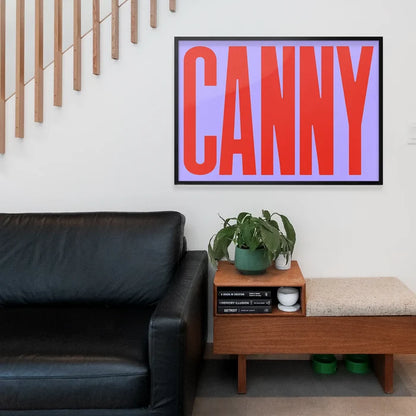Canny Typography Quote Print - Red framed above a living room sofa
