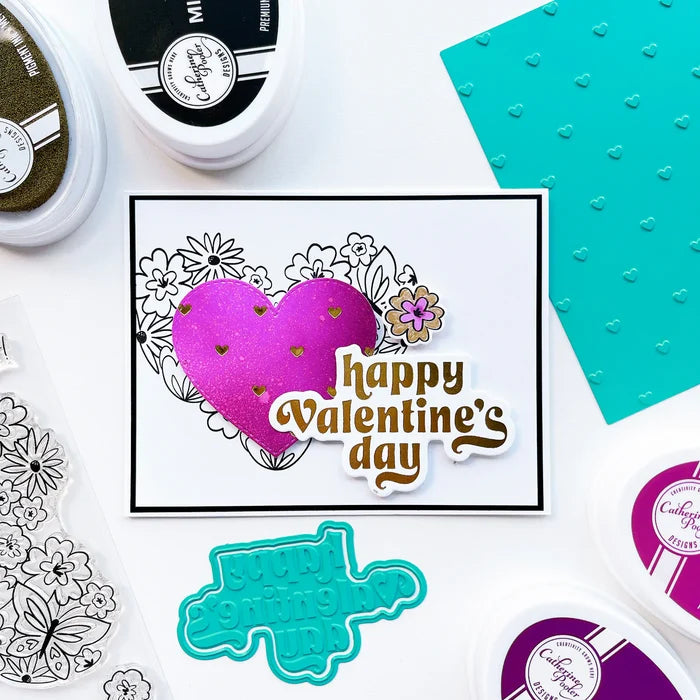 Catherine Pooler - Hot Foil Plate - Tiny Hearts. Who wouldn't love a foiled background of tiny hearts? The Tiny Hearts Hot Foil Plate is a fun way to add a repeating heart pattern to your next card or project. Available at Embellish Away located in Bowmanville Ontario Canada. Example by brand ambassador.