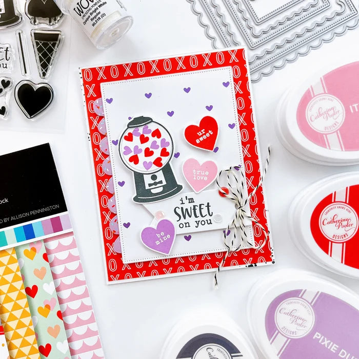 Catherine Pooler - Hot Foil Plate - Tiny Hearts. Who wouldn't love a foiled background of tiny hearts? The Tiny Hearts Hot Foil Plate is a fun way to add a repeating heart pattern to your next card or project. Available at Embellish Away located in Bowmanville Ontario Canada. Example by brand ambassador.