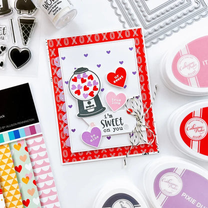 Catherine Pooler - Hot Foil Plate - Tiny Hearts. Who wouldn't love a foiled background of tiny hearts? The Tiny Hearts Hot Foil Plate is a fun way to add a repeating heart pattern to your next card or project. Available at Embellish Away located in Bowmanville Ontario Canada. Example by brand ambassador.