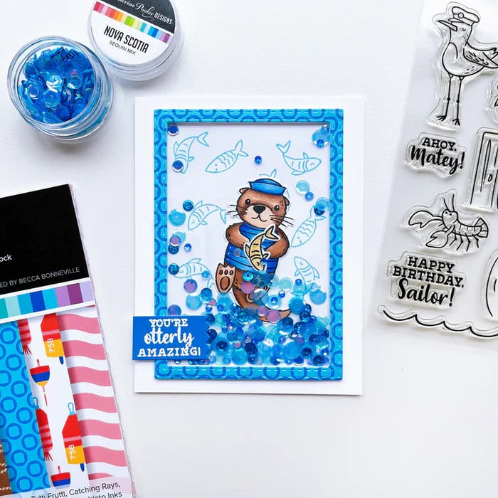 Catherine Pooler - Sequin Mix - Nova Scotia. The lobster is fine off the chilly shores of Nova Scotia, Canada. This cold water blue mix is shimmery and shiny and just right for your nautical cards and projects. Nova Scotia is ready for shaker cards. Available at Embellish Away located in Bowmanville Ontario Canada. Example by brand ambassador.