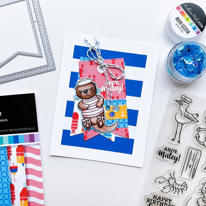 Catherine Pooler - Sequin Mix - Nova Scotia. The lobster is fine off the chilly shores of Nova Scotia, Canada. This cold water blue mix is shimmery and shiny and just right for your nautical cards and projects. Nova Scotia is ready for shaker cards. Available at Embellish Away located in Bowmanville Ontario Canada. Example by brand ambassador.