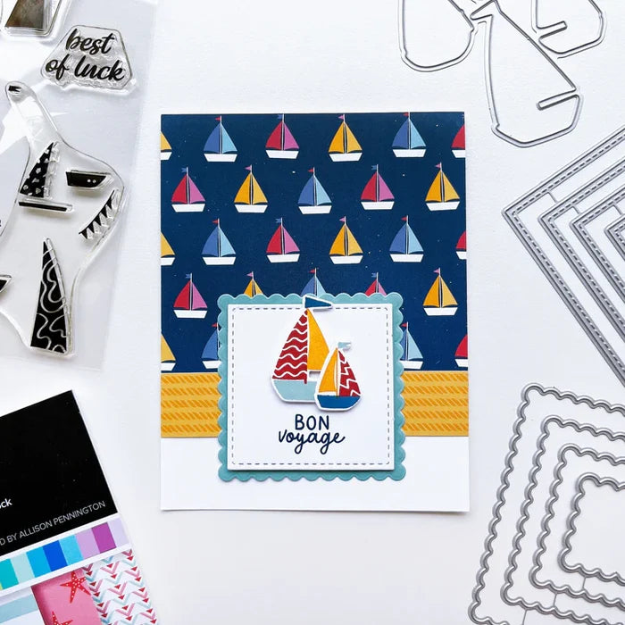 Catherine Pooler - Stamp Set - Sail Away. Create a colorful sailboat scene with the Sail Away 6x8 Stamp Set. This 4 step layering set will allow you to mix and match color combos to create 6 sailboats. Available at Embellish Away located in Bowmanville Ontario Canada. Example by brand ambassador.