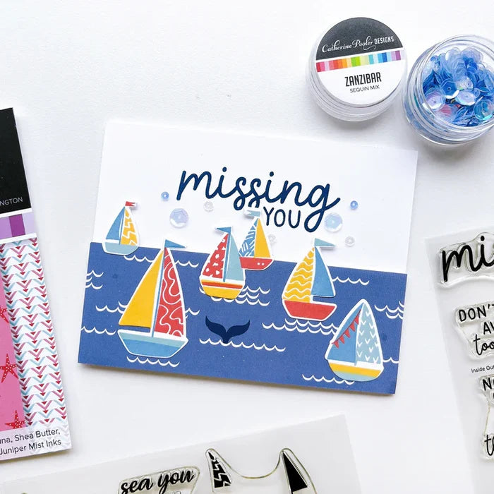 Catherine Pooler - Stamp Set - Sail Away. Create a colorful sailboat scene with the Sail Away 6x8 Stamp Set. This 4 step layering set will allow you to mix and match color combos to create 6 sailboats. Available at Embellish Away located in Bowmanville Ontario Canada. Example by brand ambassador.
