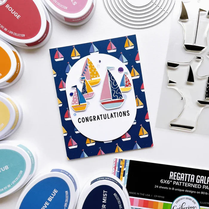 Catherine Pooler - Stamp Set - Sail Away. Create a colorful sailboat scene with the Sail Away 6x8 Stamp Set. This 4 step layering set will allow you to mix and match color combos to create 6 sailboats. Available at Embellish Away located in Bowmanville Ontario Canada. Example by brand ambassador.