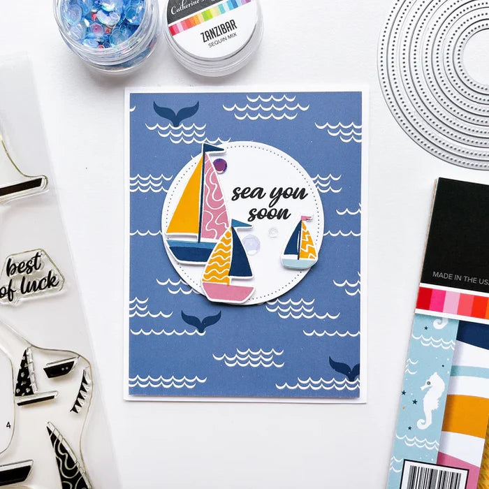Catherine Pooler - Stamp Set - Sail Away. Create a colorful sailboat scene with the Sail Away 6x8 Stamp Set. This 4 step layering set will allow you to mix and match color combos to create 6 sailboats. Available at Embellish Away located in Bowmanville Ontario Canada. Example by brand ambassador.