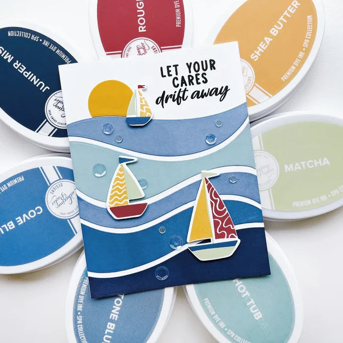 Catherine Pooler - Stamp Set - Sail Away. Create a colorful sailboat scene with the Sail Away 6x8 Stamp Set. This 4 step layering set will allow you to mix and match color combos to create 6 sailboats. Available at Embellish Away located in Bowmanville Ontario Canada. Example by brand ambassador.
