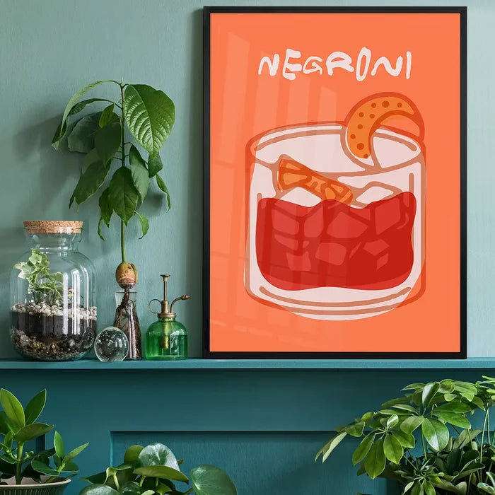 Cocktail Illustration Poster Print - Negroni black framed on a living room shelf