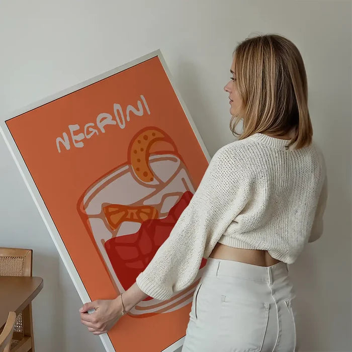 Cocktail Illustration Poster Print - Negroni held up against a living room wall