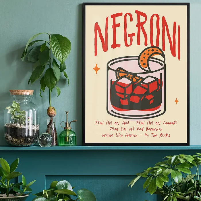 Cocktail Recipe Poster Print - Negroni black framed on a living room shelf