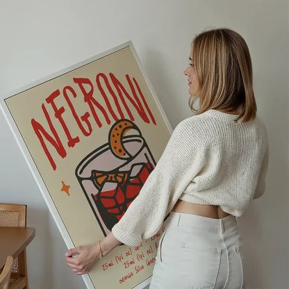 Cocktail Recipe Poster Print - Negroni held up against a living room wall
