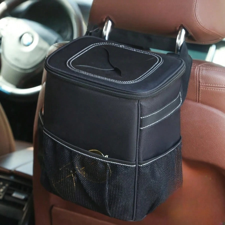 Collapsible Car Trash Can With Lid & Storage Pockets| Durable Polyester Material, Easy To Clean- Multipurpose Garbage Bin For Car, Truck, SUV, Home, Office, Vehicle Interior Organizer, Sleek Desig