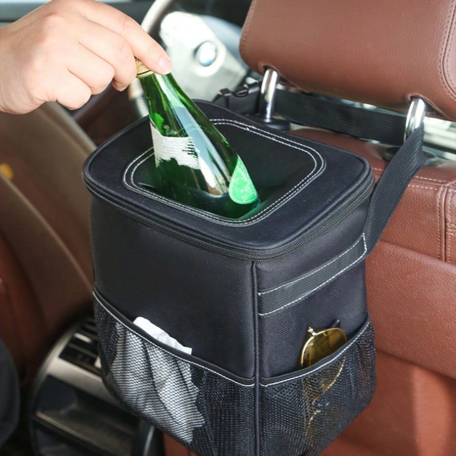 Collapsible Car Trash Can With Lid & Storage Pockets| Durable Polyester Material, Easy To Clean- Multipurpose Garbage Bin For Car, Truck, SUV, Home, Office, Vehicle Interior Organizer, Sleek Desig