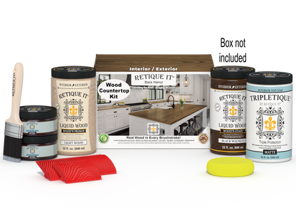 Retique It black walnut countertop kit with stains, including a box of materials for full kitchen countertop renovation.