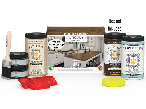 Retique It black walnut countertop kit with stains, including a box of materials for full kitchen countertop renovation.