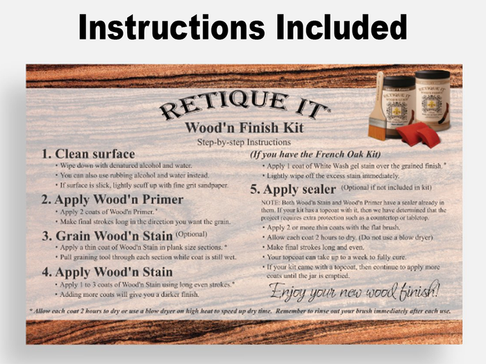 Retique It black walnut countertop kit stain with front instructions, showcasing natural wood grain and application steps.