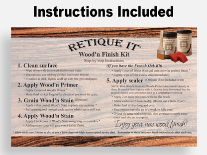Retique It black walnut countertop kit stain with front instructions, showcasing natural wood grain and application steps.