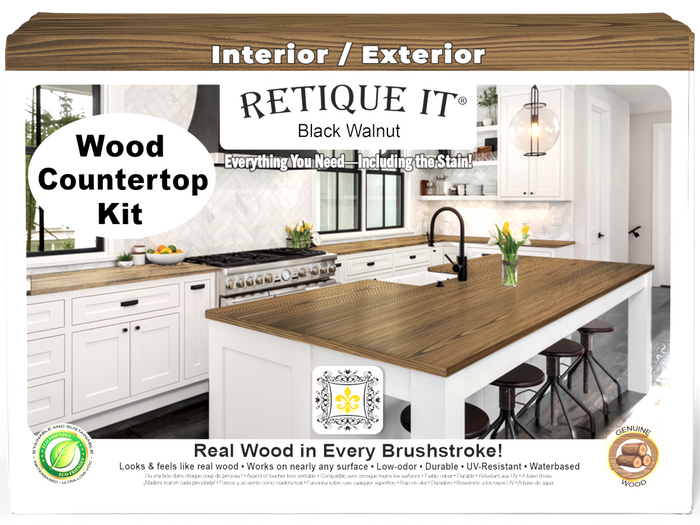 Retique It black walnut countertop kit with stain, featuring a natural wood finish and smooth surface for full kitchen installation.