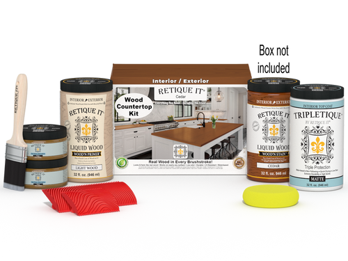 Retique It Cedar countertop kit with stains, featuring a full kitchen setup and a box of stain products for wood surfaces.