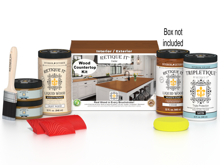 Retique It Cedar countertop kit with stains, full kitchen setup, showing wood surface, stain bottles, and application tools.