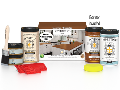 Retique It Cedar countertop kit with stains, full kitchen setup, showing wood surface, stain bottles, and application tools.