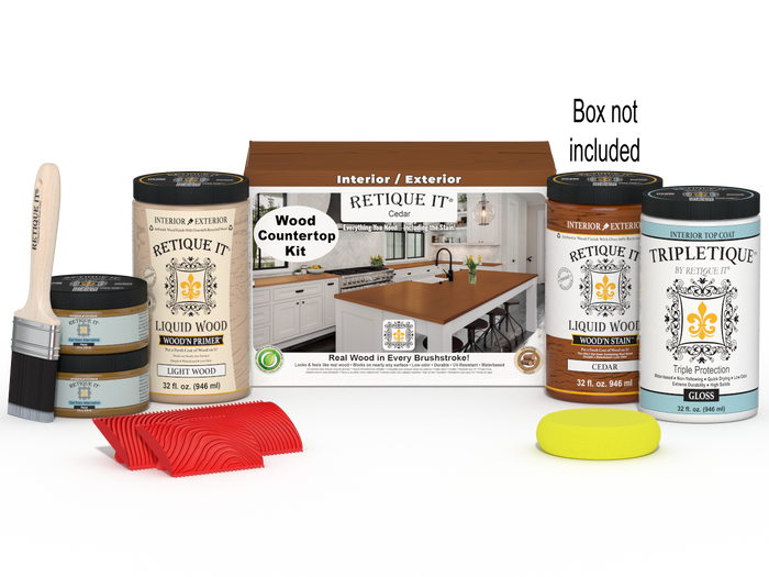 Retique It Cedar countertop kit with stains, showcasing a full kitchen countertop in natural wood finish.