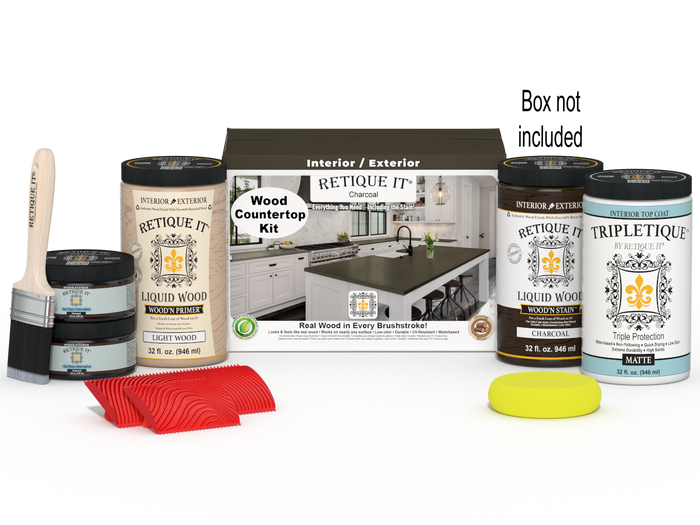 Retique It charcoal countertop kit for full kitchen renovation, featuring stain products and application tools in the box.