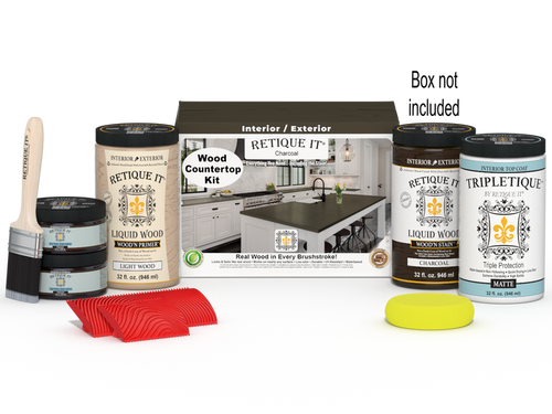Retique It charcoal countertop kit for full kitchen renovation, featuring stain products and application tools in the box.