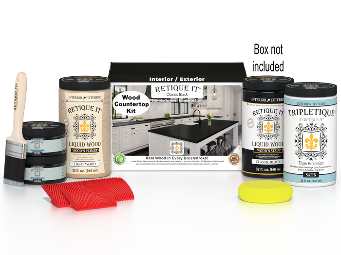Retique It countertop kit for full kitchen in classic black stain, featuring staining tools and supplies for kitchen countertop renovation.