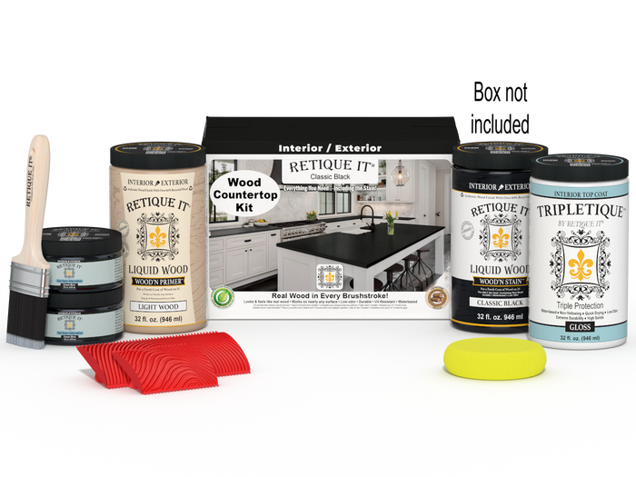 Retique It full kitchen countertop kit in classic black stain with tools and supplies for DIY countertop renovation.