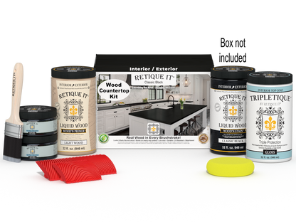Retique It full kitchen countertop kit in classic black stain with tools and supplies for DIY countertop renovation.