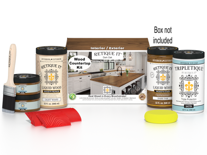 Dark oak countertop kit by Retique It with stains, featuring a full kitchen setup and a box of stain products.