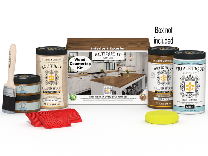 Retique It dark oak countertop kit with stains, showing a full kitchen countertop with rich wood grain finish.