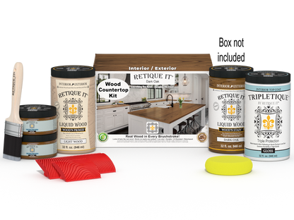 Retique It dark oak countertop kit with stains, showing a full kitchen countertop with rich wood grain finish.
