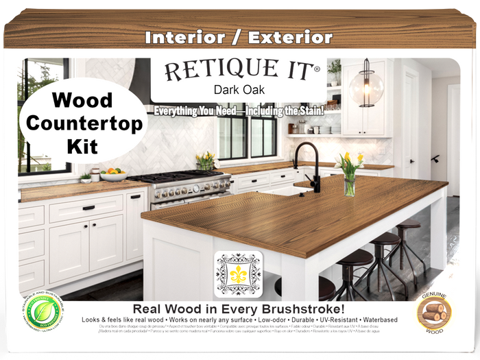 Retique It dark oak countertop kit for full kitchen renovation, featuring natural wood grain and stain finish.