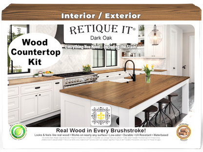 Retique It dark oak countertop kit for full kitchen renovation, featuring natural wood grain and stain finish.